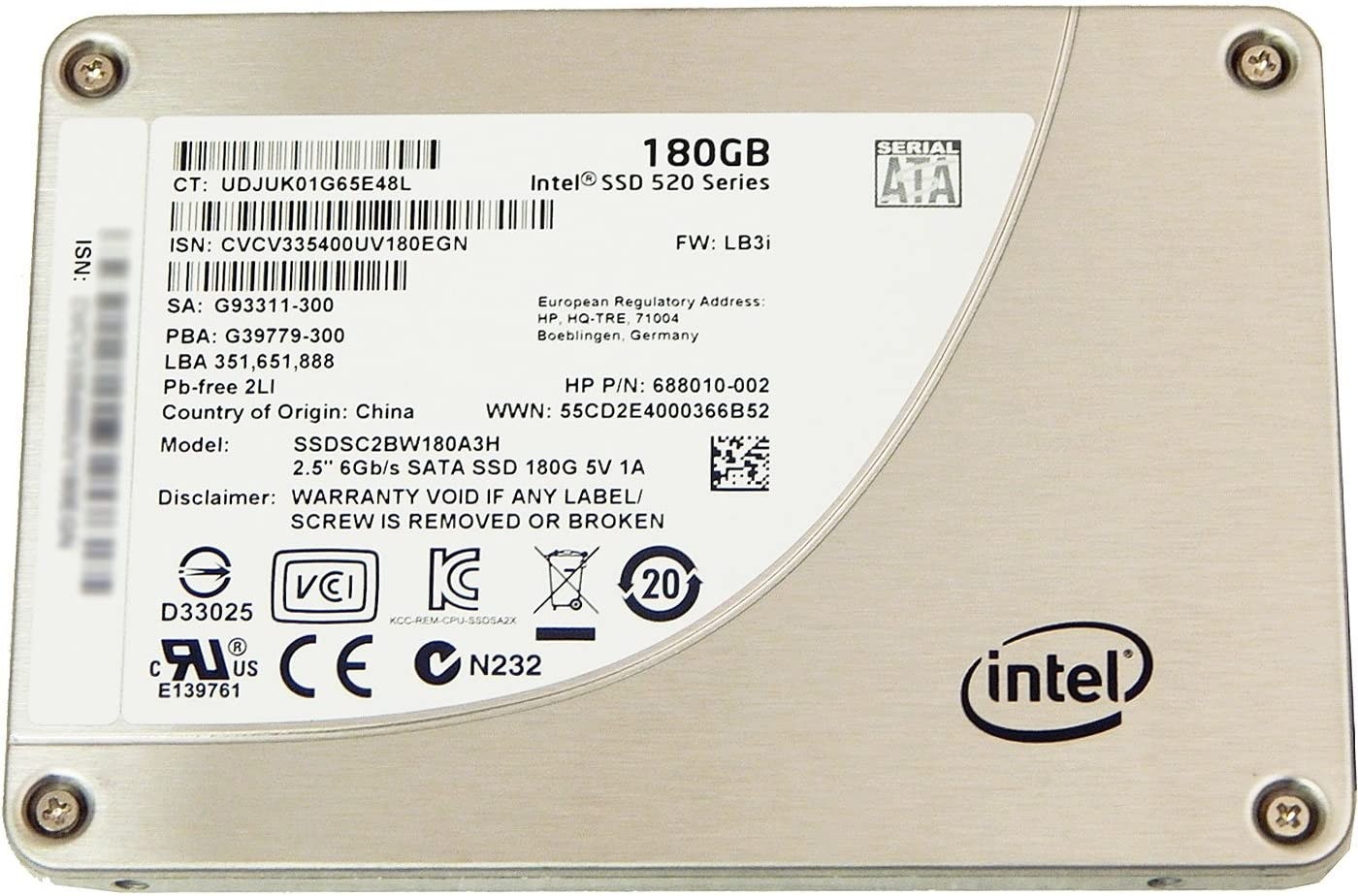 HP disque SSD de 180 GB reconditionné - Intel 520 Series - SATA 3 - SSDSC2BW180A3H - Trade Discount