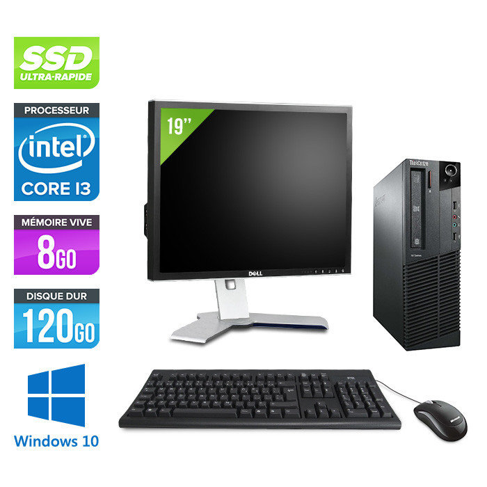 Packp pc bureau reconditionné - Lenovo ThinkCentre M81 SFF - i3 - 8Go - SSD 120Go - Ecran 19 - Windows 10