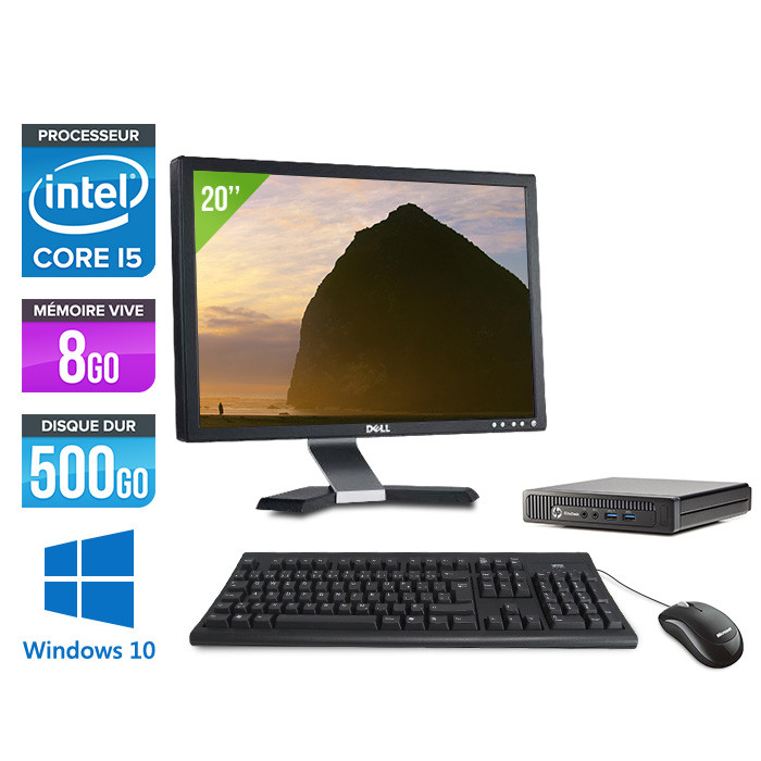 Ordinateur de bureau - HP EliteDesk 800 G1 DM reconditionné - i5 - 8Go - 500Go HDD - Windows 10 + Ecran 20