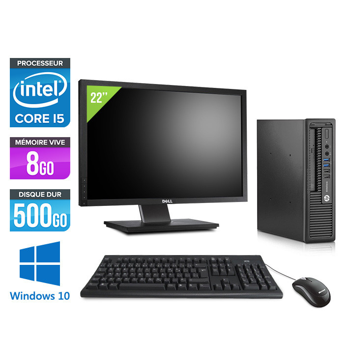 Pack PC bureau reconditionné - HP EliteDesk 800 G1 USFF - i5 - 8Go - 500Go HDD - Windows 10 - Ecran 22