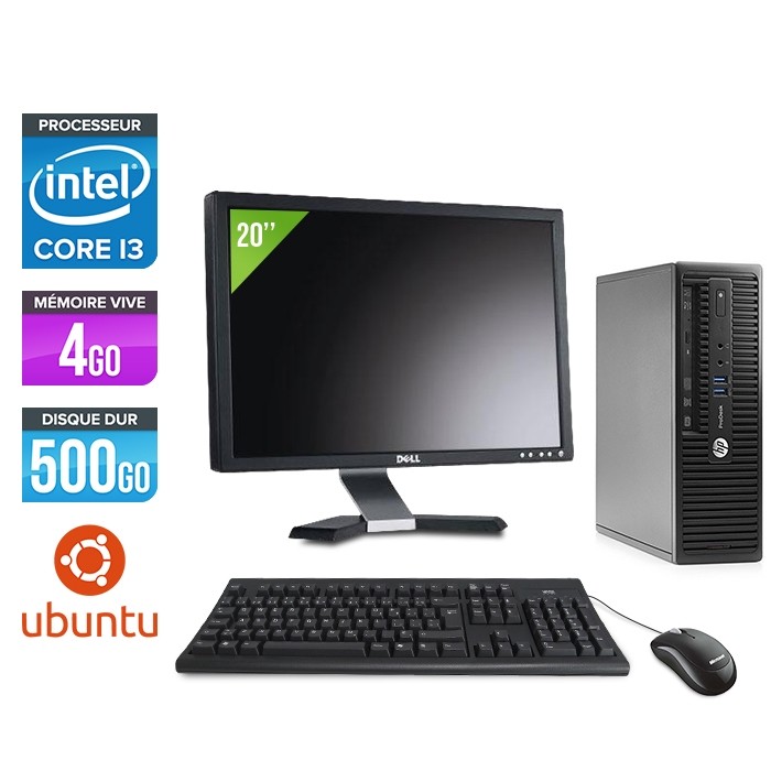 Pc de bureau HP ProDesk 400 G3 SFF reconditionné - i3 - 4Go - 500Go HDD - Ecran 20" - Ubuntu / Linux
