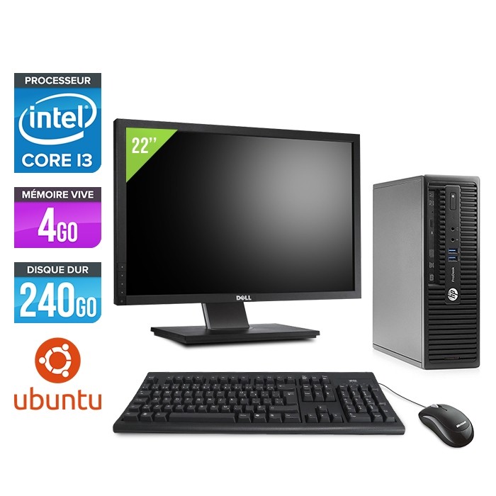 Pack pc de bureau HP ProDesk 400 G3 SFF reconditionné + écran 22" - i3 - 4Go - SSD 240 Go - Ubuntu / Linux