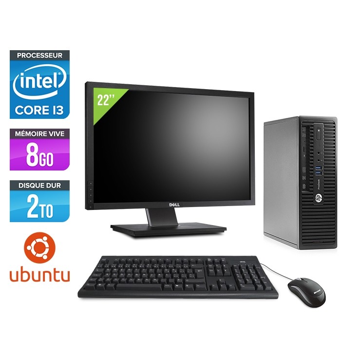 Pc de bureau HP ProDesk 400 G3 SFF reconditionné - i3 - 8Go - 2To HDD - Ecran 22" - Ubuntu / Linux