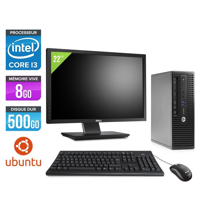 Pack pc de bureau HP ProDesk 400 G3 SFF reconditionné + écran 22" - i3 - 8 Go - 500 Go HDD - Ubuntu / Linux