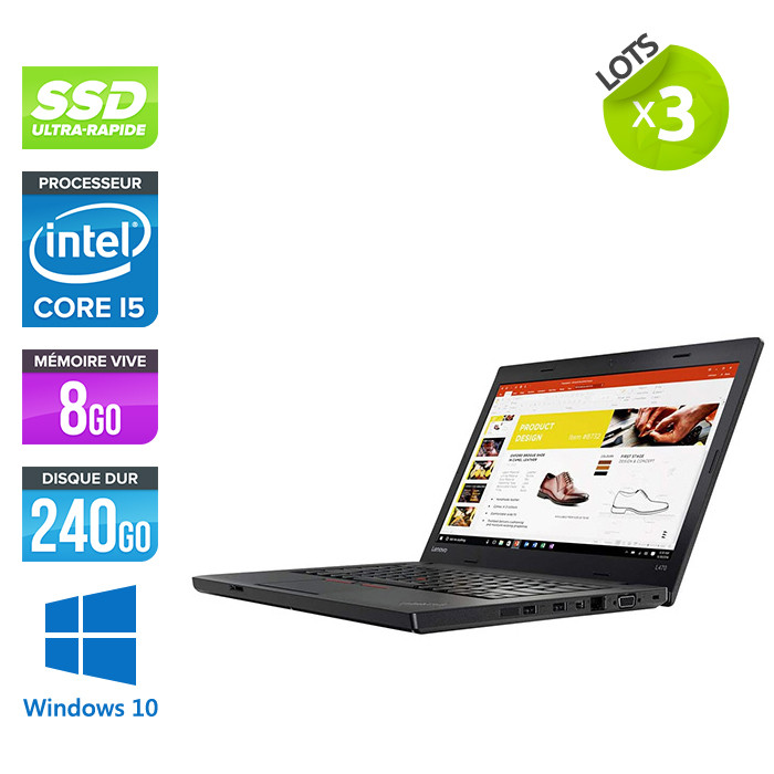 Lot de 3 Ordinateurs portable reconditionnés - Lenovo ThinkPad L470 - i5 - 8Go - SSD 240Go - Windows 10