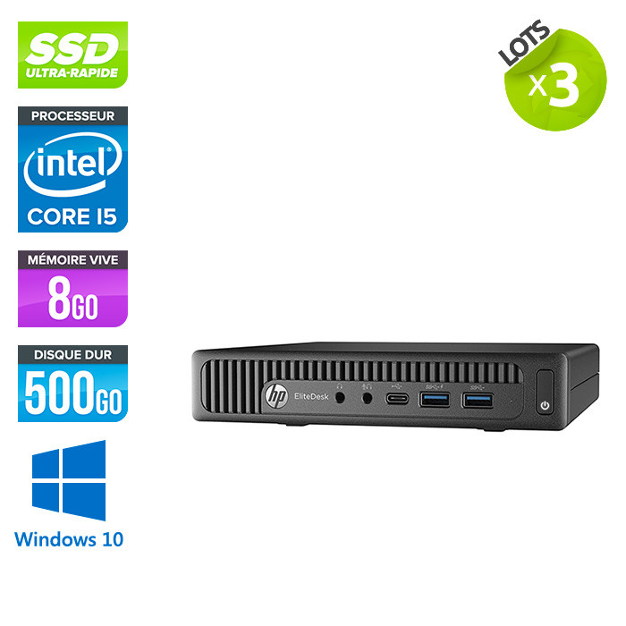 Lot de 3 Pc de bureau HP EliteDesk 800 G2 USDT reconditionné - i5 - 8Go DDR4 - 120Go SSD - Windows 10