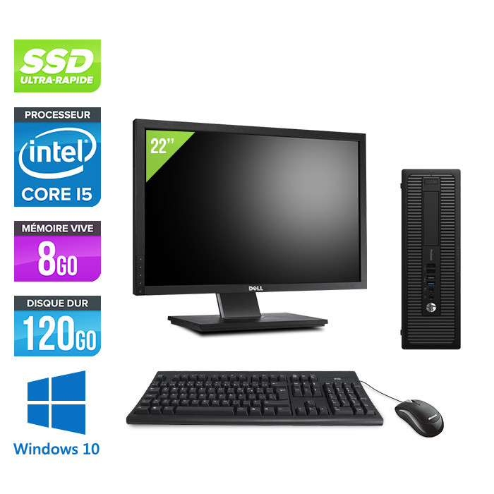 Ordinateur de bureau - HP EliteDesk 800 G1 SFF reconditionné - i5 - 8Go - 120Go SSD  - Windows 10 + Ecran 22"