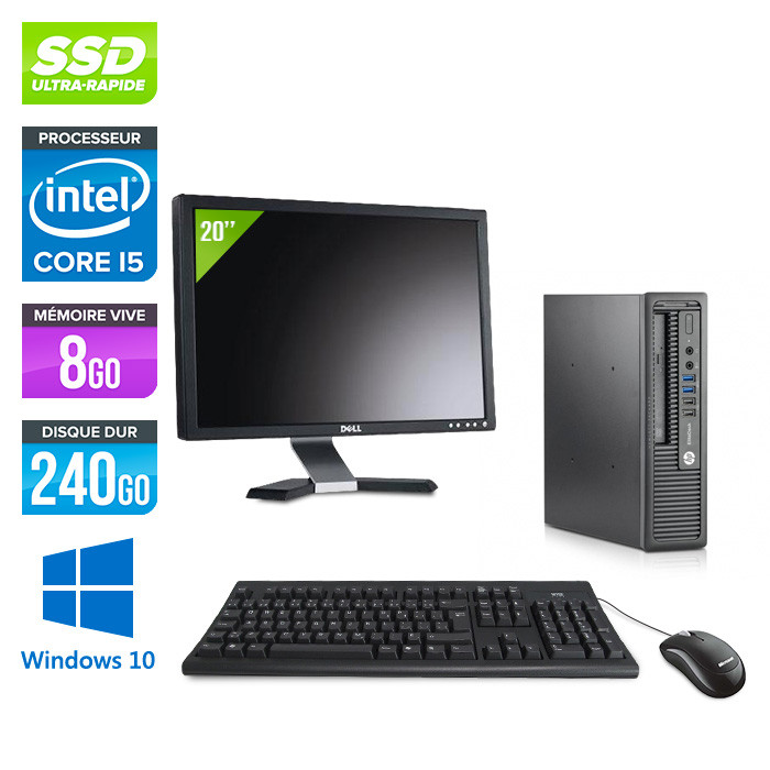 Ordinateur de bureau - HP EliteDesk 800 G1 SFF reconditionné - i5 - 8Go - 240Go SDD - Windows 10 + Ecran 20"