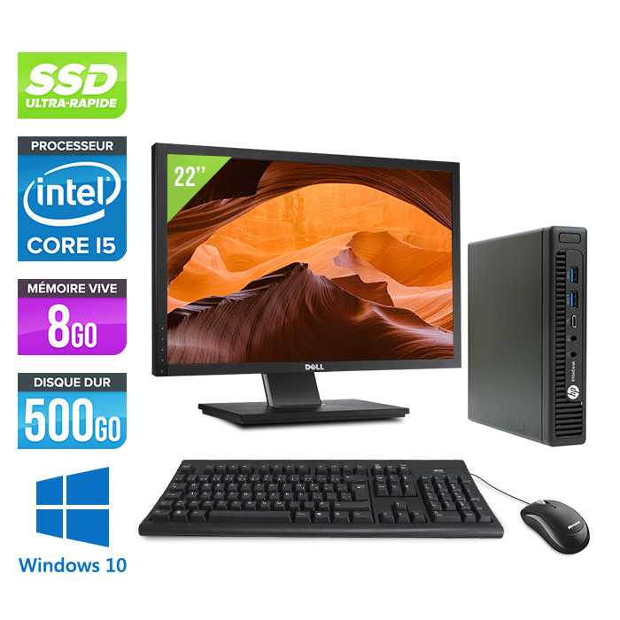 Pack pc de bureau HP EliteDesk 800 G2 USDT reconditionné + Ecran 22'' - i5 - 8Go - SSD 500Go - Windows 10