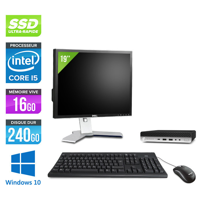 Pack PC avec écran bureau reconditionné - HP EliteDesk 800 G4 DM reconditionné - i5 - 16Go DDR4 - 240Go SSD - Windows 10 + écran 19"