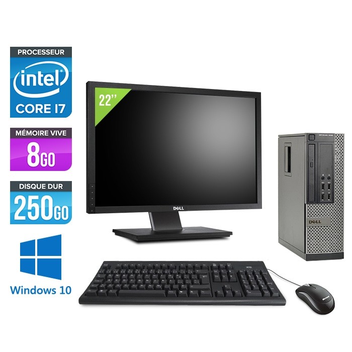 Pack pc bureau Dell Optiplex 7010 SFF + Ecran 22'' - Intel Core i7 - 8Go - 250Go HDD - Windows 10 Famille