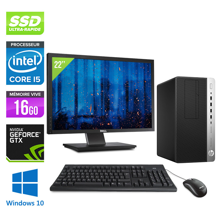 Pack PC bureau gamer reconditionné - HP ProDesk 600 G3 Mini Tour + Écran 22" - i5-6500 - 16Go DDR4 - 240Go SSD - NVIDIA GeForce GTX 1050 - Windows 10