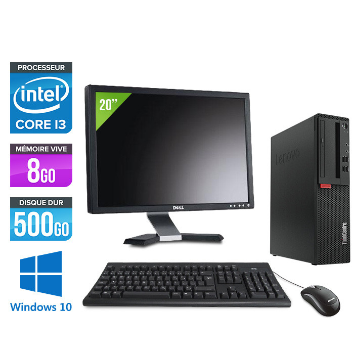 Pack pc de bureau reconditionné Lenovo ThinkCentre M710s SFF + Écran 20" - Intel core i3-7100 - 8 Go RAM DDR4 - 500 Go HDD - Windows 10 Famille