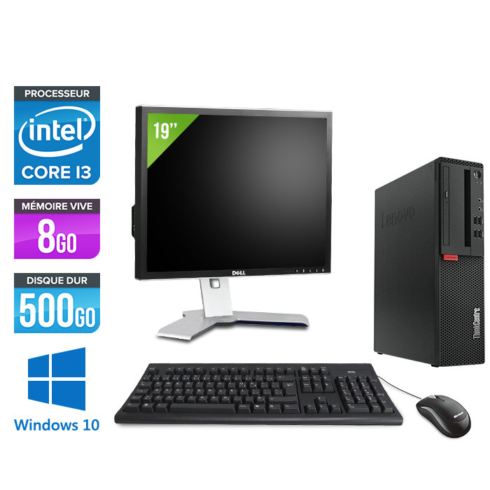 Pack pc de bureau reconditionné Lenovo ThinkCentre M710s SFF + Écran 19" - Intel core i3-7100 - 8 Go RAM DDR4 - 500 Go HDD - Windows 10 Famille