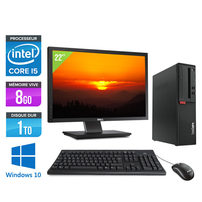 Pack pc de bureau reconditionné Lenovo ThinkCentre M710s SFF + Écran 22" - Intel core i5 - 8 Go RAM DDR4 - 1 To HDD - Windows 10 Famille