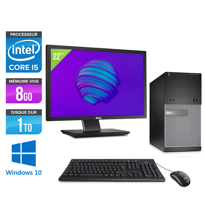 Pack PC bureau reconditionné - Dell Optiplex 3020 Tour + Écran 22" - i5 - 8Go - 1To HDD - Windows 10