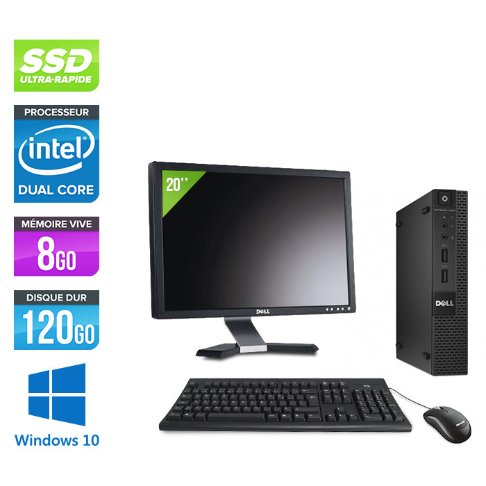Pack pc bureau reconditionné Dell 3020 Micro + Écran 20" - G3250T - 8Go - SSD 120 Go - W10