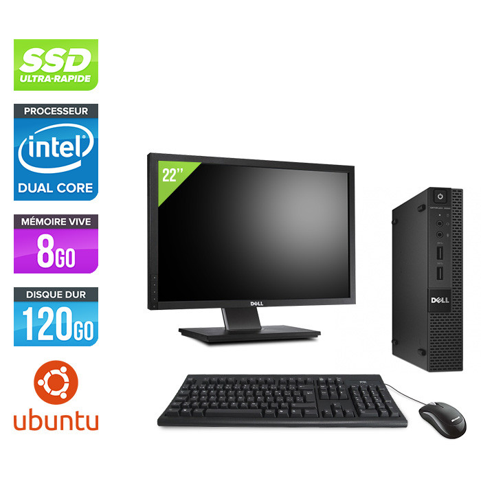 Pack pc bureau reconditionné - Dell OptiPlex 3020 Micro - G3250T - 8Go - SSD 120 Go - Linux - Ecran 22
