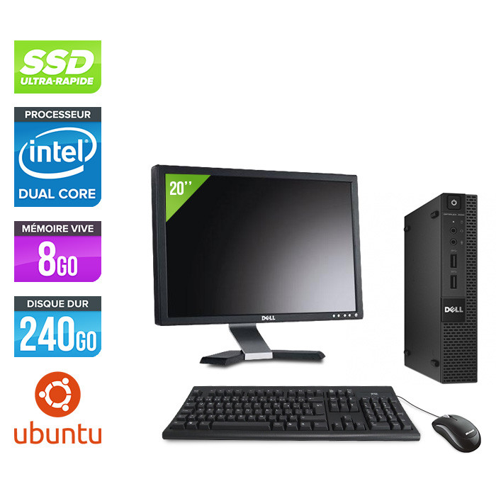 Pack pc bureau reconditionné - Dell OptiPlex 3020 Micro - G3250T - 8Go - SSD 240 Go - Linux - Ecran 20