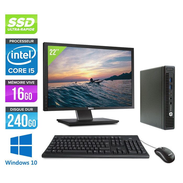 Pack pc de bureau HP EliteDesk 800 G2 USDT reconditionné + Ecran 22'' - i5 - 16Go - SSD 240Go - Windows 10