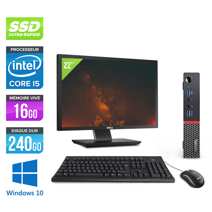 Pack PC de bureau reconditionné Lenovo ThinkCentre M700 Tiny + Écran 22" - Intel core i5-6500T - 16Go RAM DDR4 - SSD 240 Go - Windows 10