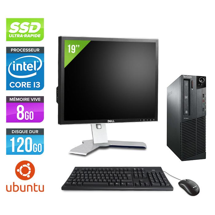 Packp pc bureau reconditionné - Lenovo ThinkCentre M81 SFF - i3 - 8Go - SSD 120Go - Ecran 19 - Ubuntu / Linux