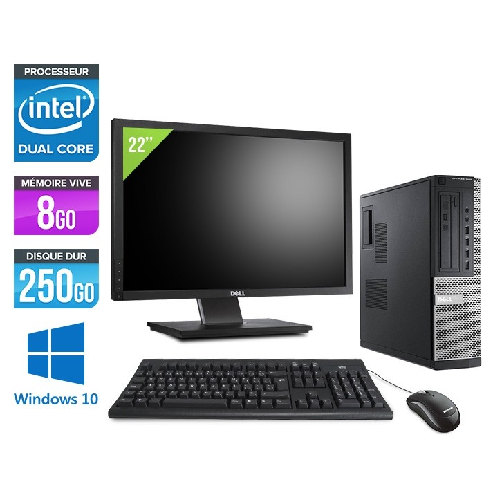 Pc de bureau - Dell Optiplex 7010 DT + Ecran 22'' - Pentium G645 - 8Go - 250Go HDD - Windows 10