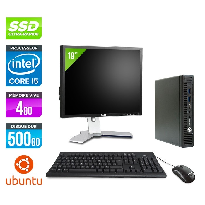 Pack pc de bureau HP EliteDesk 800 G2 USDT reconditionné + Ecran 19'' - Core i5 - 4Go - SSD 500Go - Linux