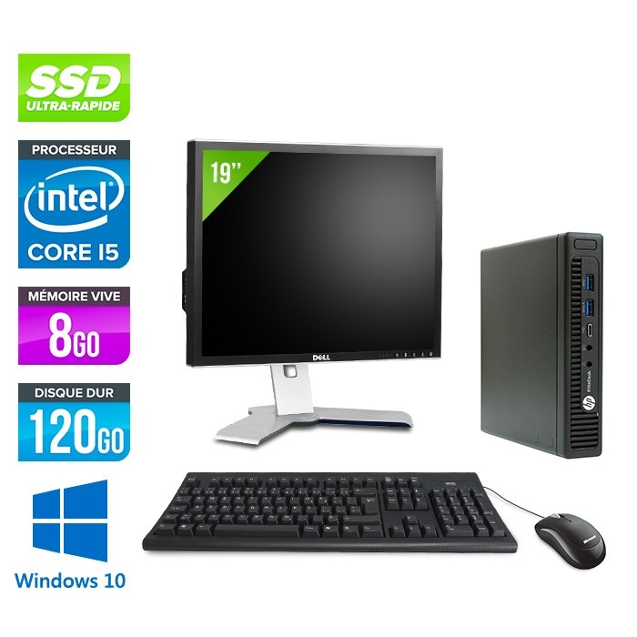Pack pc de bureau HP EliteDesk 800 G2 USDT reconditionné + Ecran 19'' - Core i5 - 8Go - SSD 120Go - Windows 10