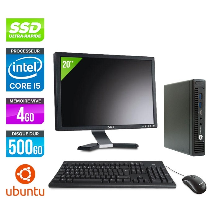 Pack pc de bureau HP EliteDesk 800 G2 USDT reconditionné + Ecran 20'' - Core i5 - 4Go - SSD 500Go - Linux