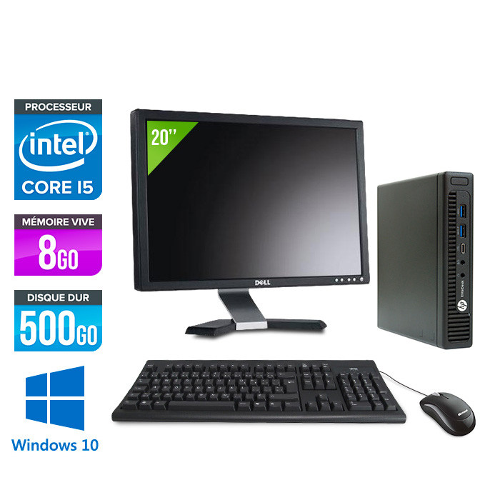 Pack pc de bureau HP EliteDesk 800 G2 USDT reconditionné + Ecran 22'' - i5 - 8Go - HDD 500Go - Windows 10