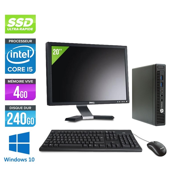 Pack pc de bureau HP EliteDesk 800 G2 USDT reconditionné + Ecran 20'' - Core i5 - 4Go - SSD 240Go - Windows 10