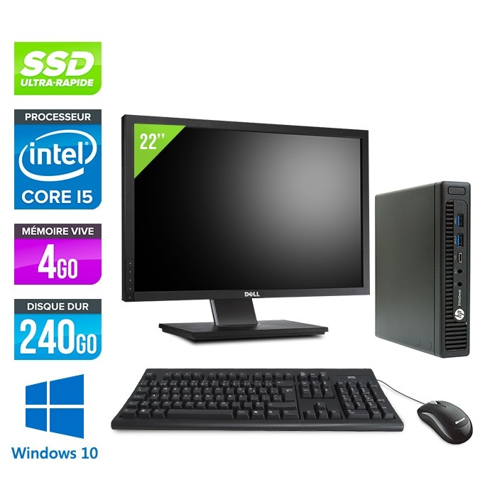 Pack pc de bureau HP EliteDesk 800 G2 USDT reconditionné + Ecran 22'' - i5 - 4Go - SSD 240Go - Windows 10