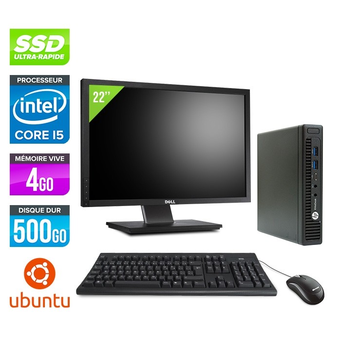 Pack pc de bureau HP EliteDesk 800 G2 USDT reconditionné + Ecran 22'' - Core i5 - 4Go - SSD 500Go - Linux