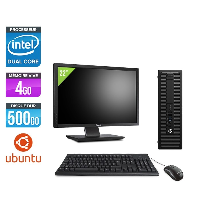 Pack Ordinateur de bureau + écran 22" - HP EliteDesk 800 G1 SFF reconditionné - G3420 - 4Go - 500Go HDD - Ubuntu / Linux