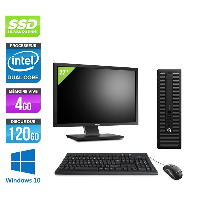 Pack Ordinateur de bureau + écran 22" - HP EliteDesk 800 G1 SFF reconditionné - G3420 - 4Go - SSD 120 Go - Windows 10