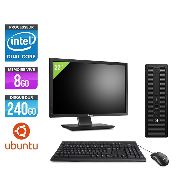 Pack Ordinateur de bureau + écran 22" - HP EliteDesk 800 G1 SFF reconditionné - G3420 - 8Go - SSD 240 Go - Ubuntu / Linux