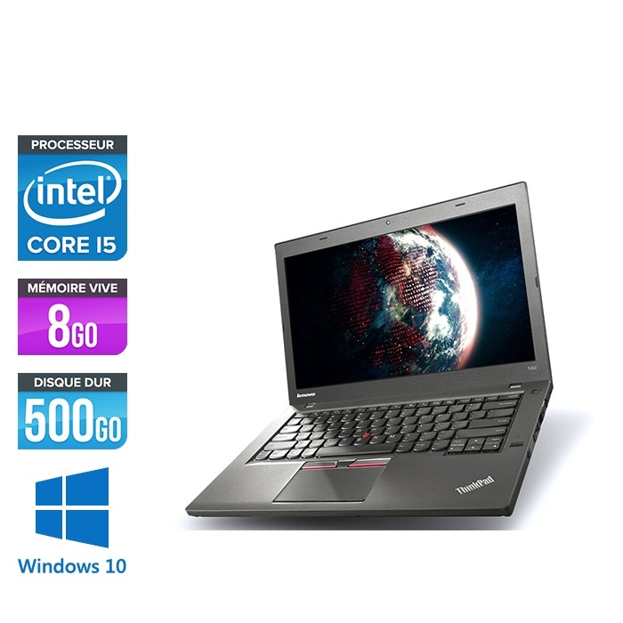 Ordinateur portable reconditionné - Lenovo ThinkPad T450 - i5 5300U - 8Go - HDD 500Go - Webcam - HD+ - Windows 10 professionnel