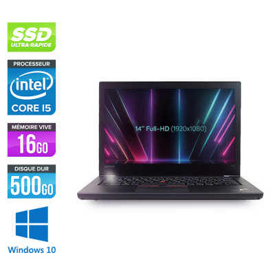 Pc portable reconditionné - Lenovo ThinkPad T470 - i5 6300U - 16Go - SSD 500Go - Full-HD - Webcam - Windows 10 professionnel