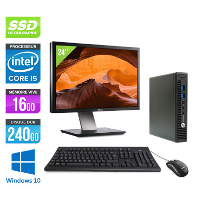 Pack PC de bureau reconditionné - HP EliteDesk 800 G2 USDT + Ecran 24'' - i5 - 16Go - SSD 240Go - Windows 10