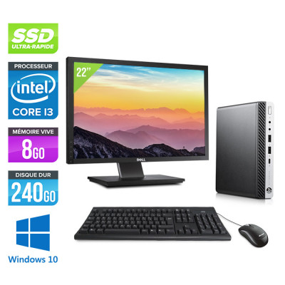 Pack PC bureau reconditionné avec écran 22" - HP ProDesk 600 G3 DM - i3-6100T - 8Go DDR4 - 240Go SSD - Windows 10
