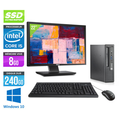 Pack pc de bureau - HP EliteDesk 800 G1 USDT reconditionné - i5 - 8Go - 240Go SSD - Windows 10 - Ecran 22