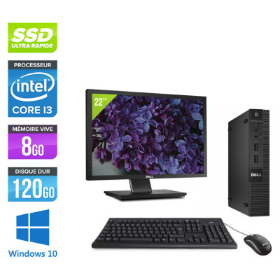 Pack PC bureau reconditionné - Dell Optiplex 3020 Micro + Écran 22" - Intel Core i3-4160T - 8 Go - SSD 120 Go - Windows 10