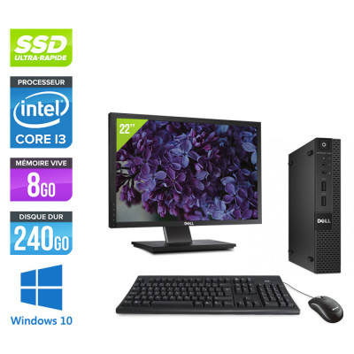 Pack PC bureau reconditionné - Dell Optiplex 3020 Micro + Écran 22" - Intel Core i3-4160T - 8 Go - SSD 240 Go - Windows 10