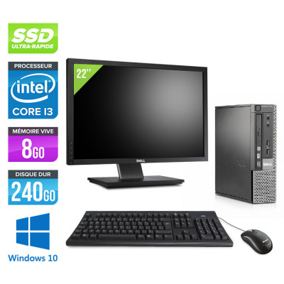 Pack PC bureau reconditionné - Dell Optiplex 7010 USFF + Écran 22" - i3 - 8Go - SSD 240 Go - Windows 10