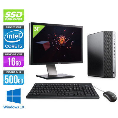 Pack Pc de bureau reconditionné - HP EliteDesk 800 G3 SFF + 24" - i5 - 16Go DDR4 - 500Go SSD - Windows 10