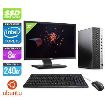 Pack Pc de bureau reconditionné - HP EliteDesk 800 G3 SFF + 22" - i5 - 8Go DDR4 - 240Go SSD - Ubuntu / Linux
