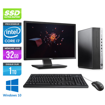Pack PC de bureau avec écran 22" HP EliteDesk 800 G3 SFF reconditionné - i7 - 32Go DDR4 - 1 To SSD - Windows 10