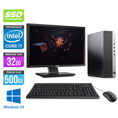 Pack PC de bureau avec écran 22" HP EliteDesk 800 G3 SFF reconditionné - i7 - 32Go DDR4 - 500 Go SSD - Windows 10
