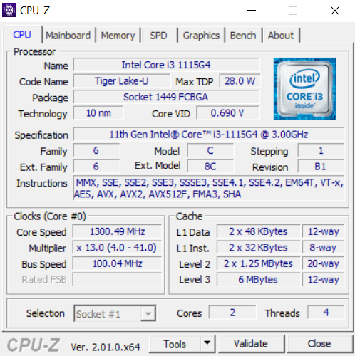Résultats du processeur i3 avec l'outil CPU-Z
